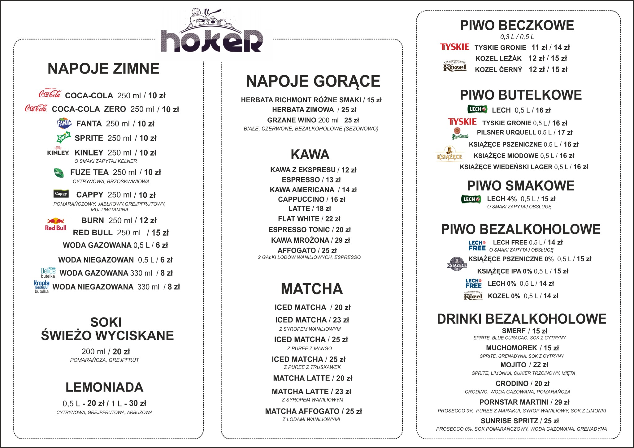 Menu napojów Hoker